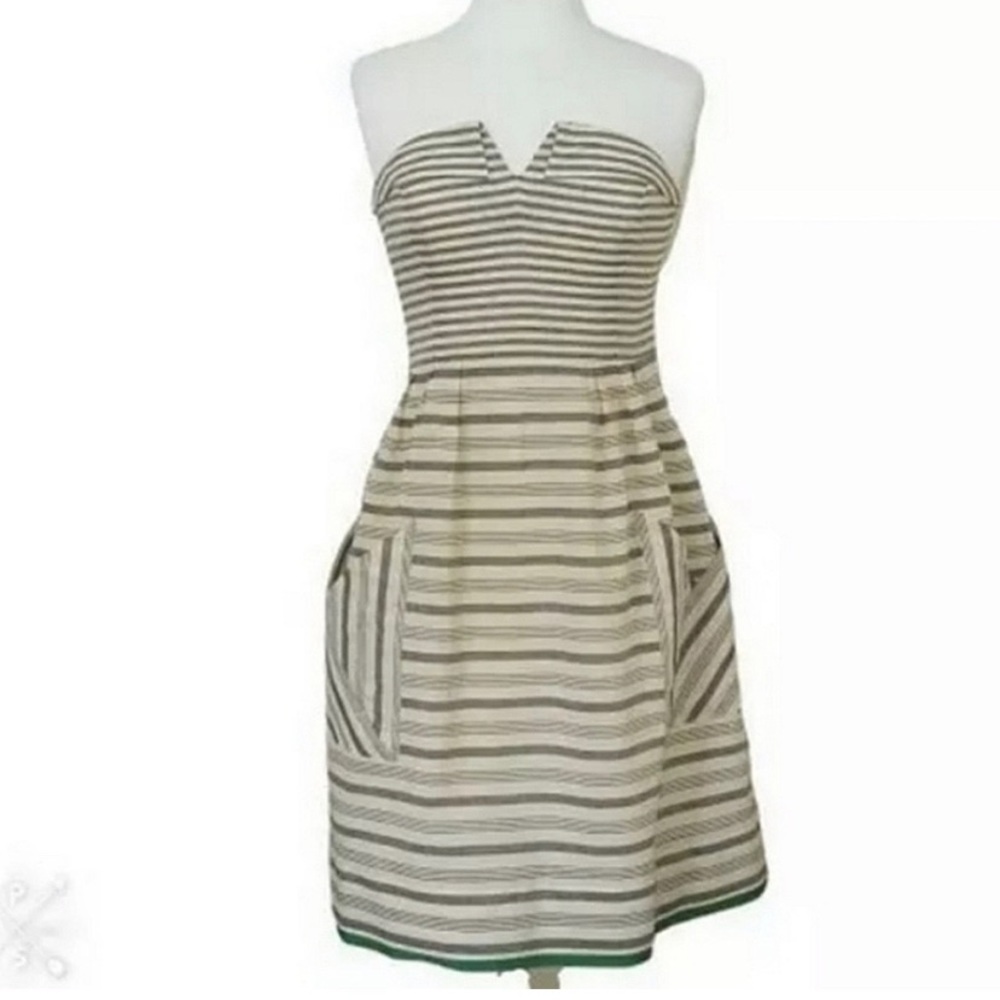 Anthropologie Maeve Striped Woven Strapless Sundress Size 6 Pockets Notched Neck